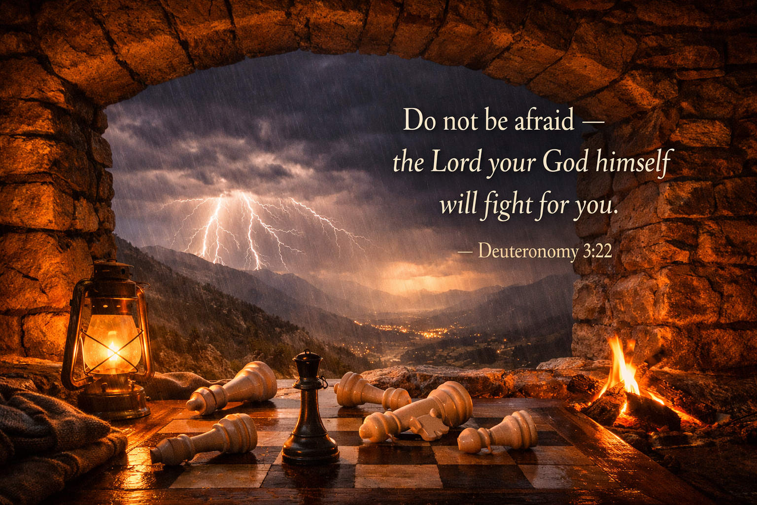 Deuteronomy 3:22 Bible verse wallpaper - God will fight for you - lightning storm viewed from cave with chess pieces